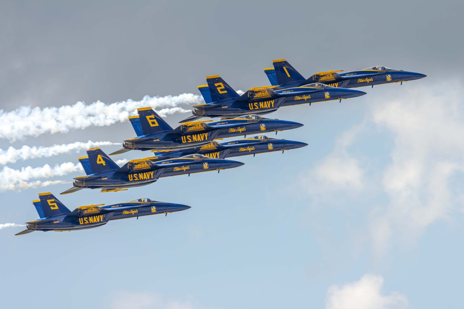 U.S. Navy Blue Angels fighter jets flying in a tight formation